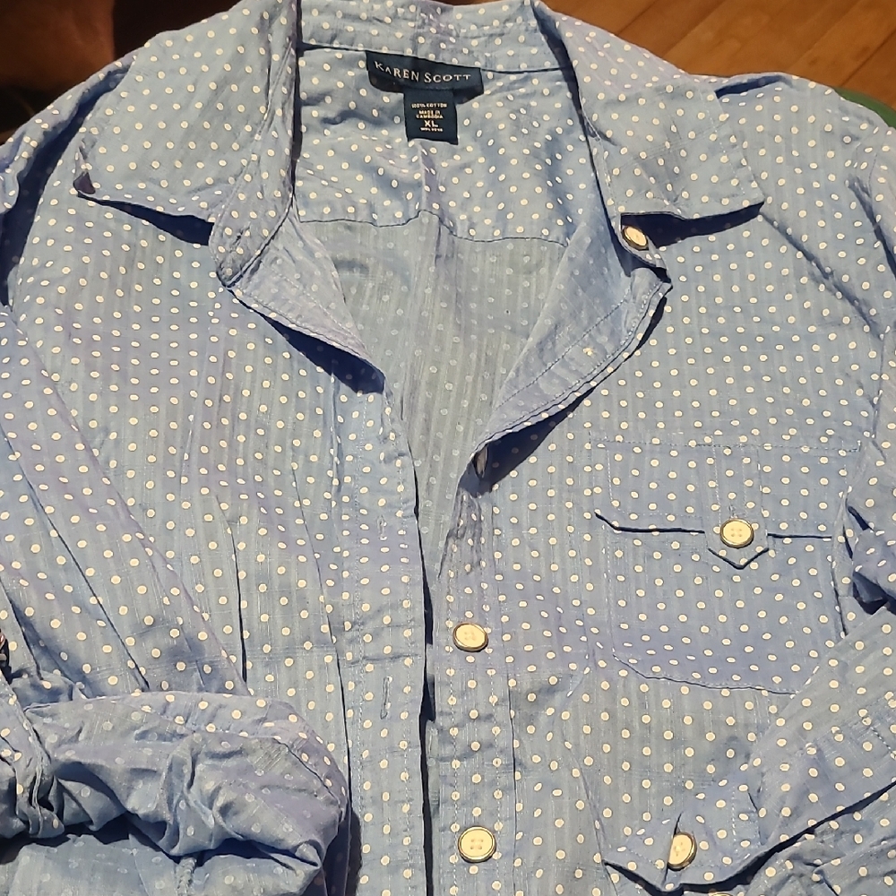 Karen Scott Light Blue Polka Dot Casual Shirt